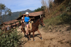 Our little kid aboard her trusty mule, headed up the mountain